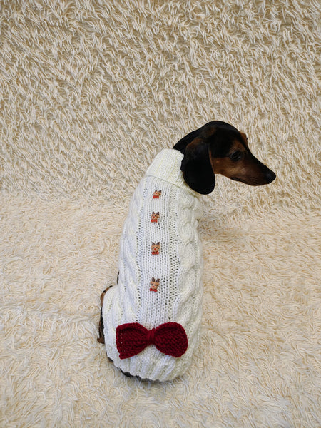 Christmas Dog Sweater, Aran Knit Bow, Deer Decoration