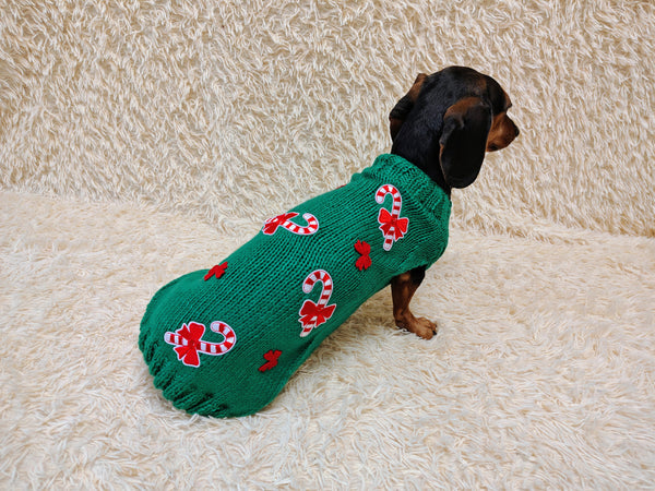 Santa tick and bows Christmas sweater for dog bright festive costume , Holiday New Year warm clothes pet apparel outfit dachshund jamper
