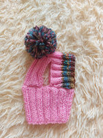 Rainbow striped snood hat for dogs, rainbow hat for dachshunds with open ears