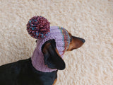 Rainbow striped snood hat for dogs, rainbow hat for dachshunds with open ears