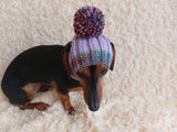 Rainbow striped snood hat for dogs, rainbow hat for dachshunds with open ears