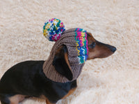 Rainbow striped snood hat for dogs, rainbow hat for dachshunds with open ears