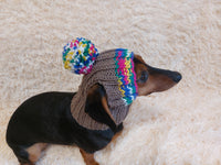 Rainbow striped snood hat for dogs, rainbow hat for dachshunds with open ears
