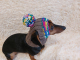 Rainbow striped snood hat for dogs, rainbow hat for dachshunds with open ears