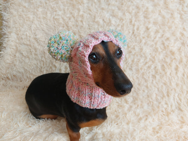 Rainbow Dog Snood Hat with Two Pom Poms