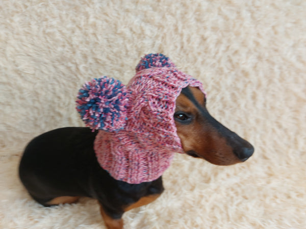 Rainbow Dog Snood Hat with Two Pom Poms