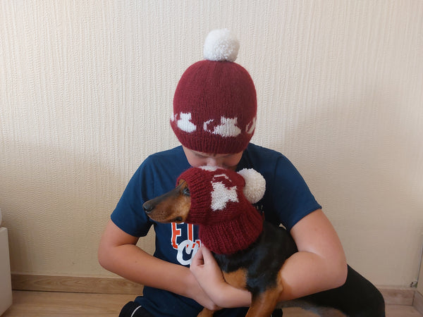 Mother and dog hat snood set, family hostess and dachshund hat snood set