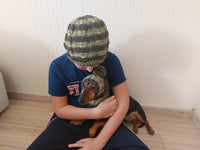 Angora Wool Snood Hat Set for Mom and Dog, Snood Hat Set for Housewife and Dachshund, Mom and Dachshund with Pompoms