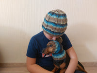 Angora Wool Snood Hat Set for Mom and Dog, Snood Hat Set for Housewife and Dachshund, Mom and Dachshund with Pompoms