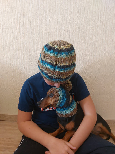 Angora Wool Snood Hat Set for Mom and Dog, Snood Hat Set for Housewife and Dachshund, Mom and Dachshund with Pompoms