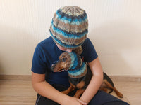 Angora Wool Snood Hat Set for Mom and Dog, Snood Hat Set for Housewife and Dachshund, Mom and Dachshund with Pompoms