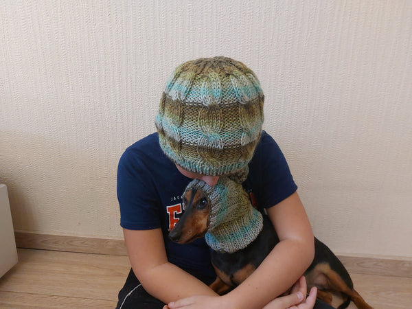 Angora Wool Snood Hat Set for Mom and Dog, Snood Hat Set for Housewife and Dachshund, Mom and Dachshund with Pompoms