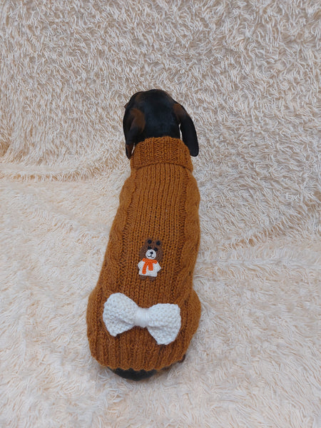 Warm wool sweater for dog with aran patch bear and bow