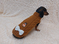 Warm wool sweater for dog with aran patch bear and bow