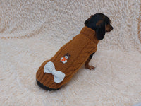 Warm wool sweater for dog with aran patch bear and bow