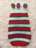 Christmas Striped Dog Sweater With Pom Poms-green red white stripe christmas clothes for pets