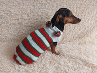 Christmas Striped Dog Sweater With Pom Poms-green red white stripe christmas clothes for pets