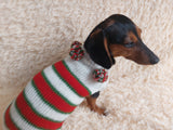 Christmas Striped Dog Sweater With Pom Poms-green red white stripe christmas clothes for pets