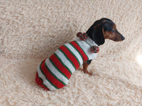 Christmas Striped Dog Sweater With Pom Poms-green red white stripe christmas clothes for pets