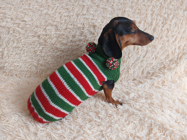 Christmas Striped Dog Sweater With Pom Poms-green red white stripe christmas clothes for pets