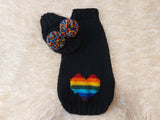 Dachshund costume with multicolored heart and multicolored pompom,knitted dog clothes rainbow sweater and hat for pet