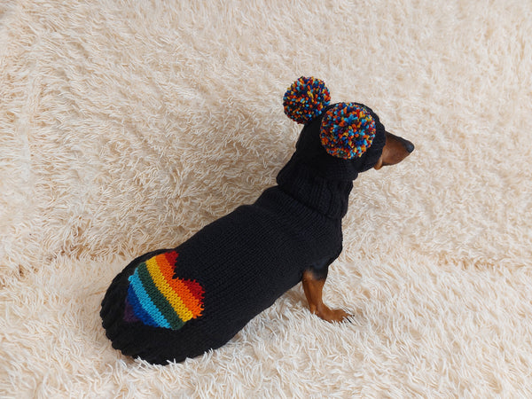 Dachshund costume with multicolored heart and multicolored pompom,knitted dog clothes rainbow sweater and hat for pet