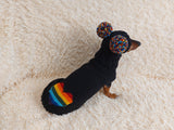 Dachshund costume with multicolored heart and multicolored pompom,knitted dog clothes rainbow sweater and hat for pet