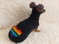 Dachshund costume with multicolored heart and multicolored pompom,knitted dog clothes rainbow sweater and hat for pet