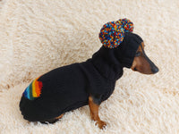 Dachshund costume with multicolored heart and multicolored pompom,knitted dog clothes rainbow sweater and hat for pet