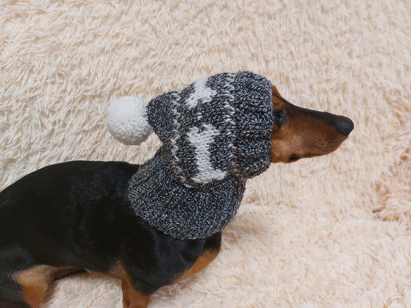 Snood hat wool for dogs with bones and pompom - warm dog ears wool hat-dachshund clothes snood hat with bones