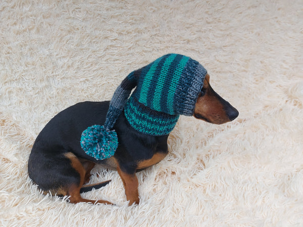Wiener Knitted Elf Hat with Pompom, hat elf for dachshund