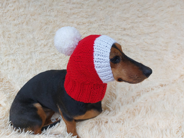 Knitted Dachshund Santa Hat: Wool Blend Christmas Dog Costume