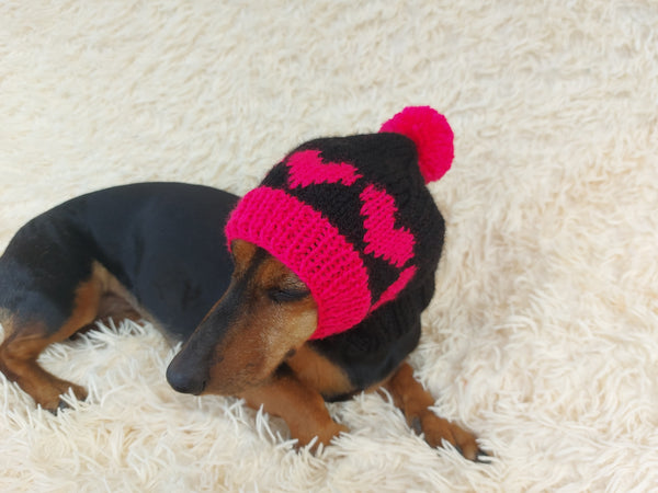 Knitted Pink Dog Hat: Wool Blend Hearts & Pompon - Doxie Clothes