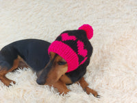 Knitted Pink Dog Hat: Wool Blend Hearts & Pompon - Doxie Clothes