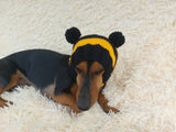 Knitted bee cap for small dog with handmade pompoms