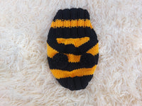 Knitted bee cap for small dog with handmade pompoms