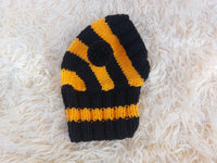 Knitted bee cap for small dog with handmade pompoms