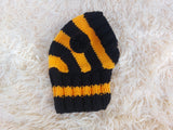 Knitted bee cap for small dog with handmade pompoms