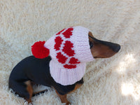 Pet hat with hearts for dog wool winter and pompom
