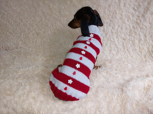Christmas striped sweater with fir trees and snowflakes for miniature dachshund