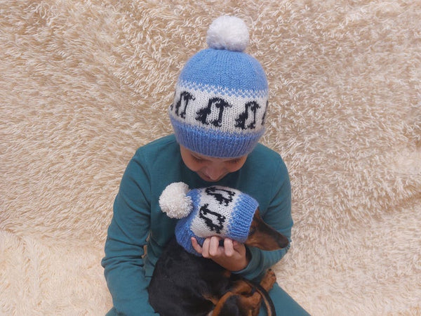 Penguins Angora Wool Snood Hat Set for Mom and Dog, Snood Hat Set for Housewife and Dachshund, Mom and Dachshund with Pompoms