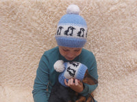 Penguins Angora Wool Snood Hat Set for Mom and Dog, Snood Hat Set for Housewife and Dachshund, Mom and Dachshund with Pompoms