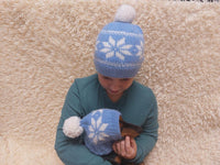 Angora wool snood hat set for mom and dog, snood hat set for housewife and dachshund, mom and dachshund with pompoms