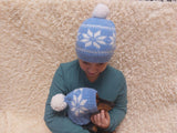 Angora wool snood hat set for mom and dog, snood hat set for housewife and dachshund, mom and dachshund with pompoms