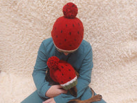 Watermelon Angora Wool Snood Hat Set for Mom and Dog, Snood Hat Set for Housewife and Dachshund, Mom and Dachshund with Pompoms