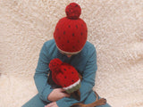 Watermelon Angora Wool Snood Hat Set for Mom and Dog, Snood Hat Set for Housewife and Dachshund, Mom and Dachshund with Pompoms