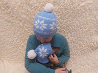 Angora wool snood hat set for mom and dog, snood hat set for housewife and dachshund, mom and dachshund with pompoms