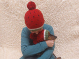Watermelon Angora Wool Snood Hat Set for Mom and Dog, Snood Hat Set for Housewife and Dachshund, Mom and Dachshund with Pompoms