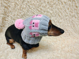 Dog hat pig print designer handmade festive holiday clothes pet beanie costume, warm winter cap for dachshund with pompom