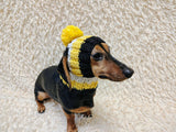 Multi-Color Striped Dog Snood: Hand-Knit Pom-Pom Beanie for Dachshunds
